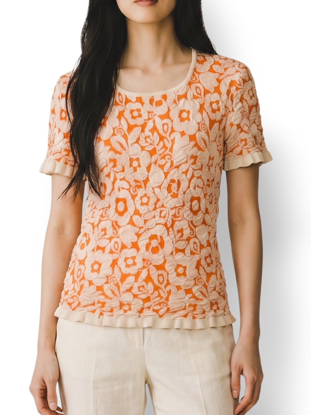 Vintage Pierre Cardin Floral Textured Knit Top Orange Cream Short Sleeve Small